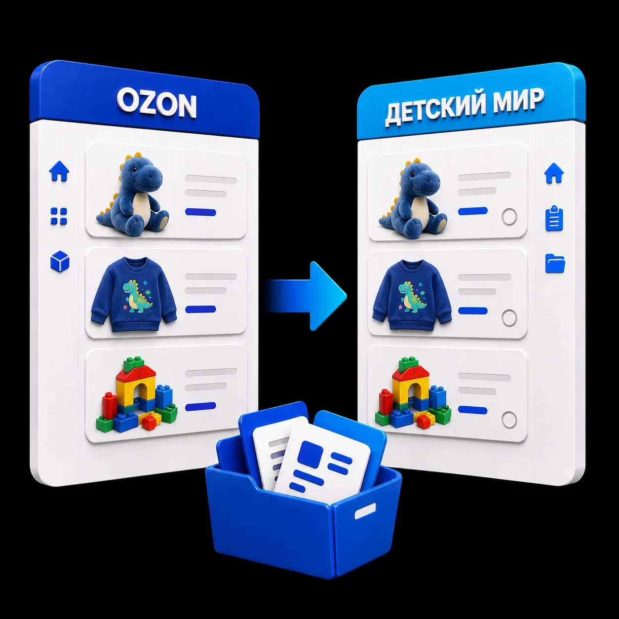 Карточки товаров из кабинета Ozon переносятся в кабинет Детского мира через MarketKit